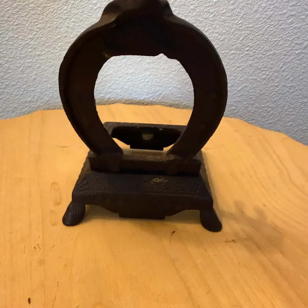 Antique Cast Iron Horseshoe and Horse Head Desk Inkwell Stand
